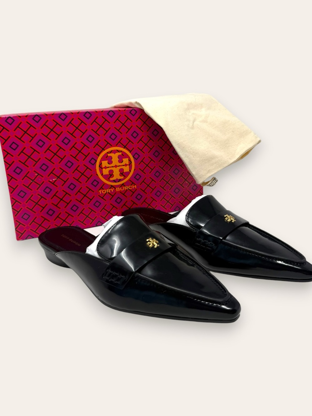 NWT Tory Burch Pointed Backless Loafers Perfect Black Patent Leather 7.5 Women’s